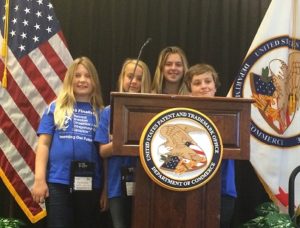 The The four finalists from the Davenport Pacific Elementary school invention program try out the podium at the National Convention in May 2016 at the US Patent Office in Alexandria, VA
